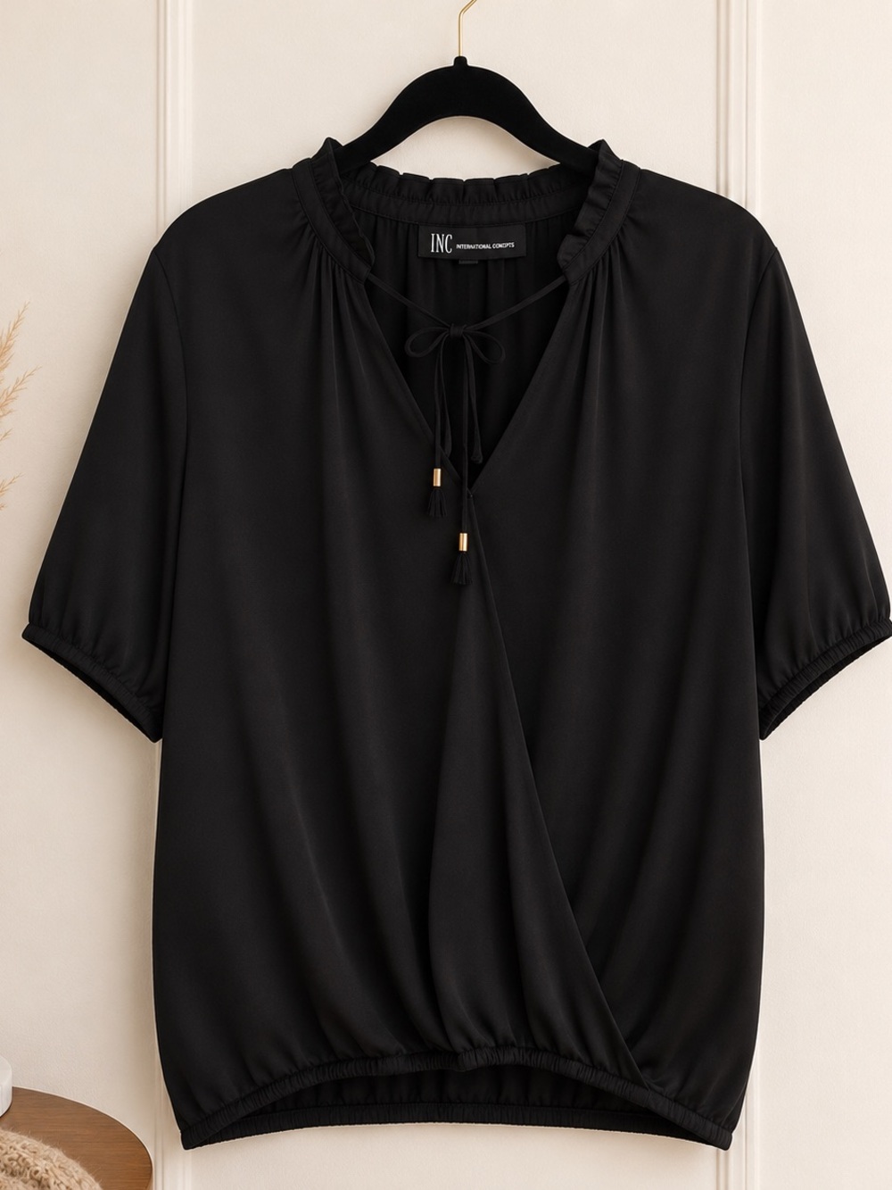 INC International Concepts Black Tie-Neck Short Sleeve Blouson Top